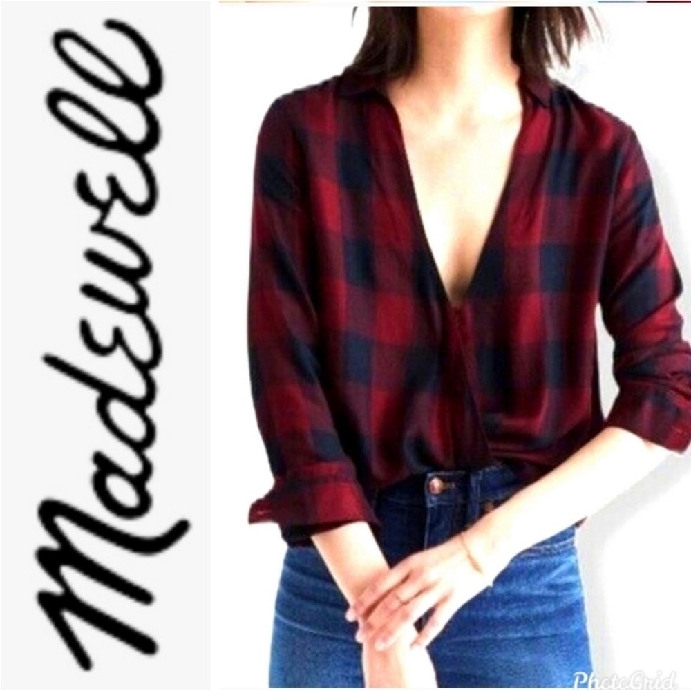 MADEWELL WRAP-FRONT TOP IN BUFFALO PLAID SMALL EUC